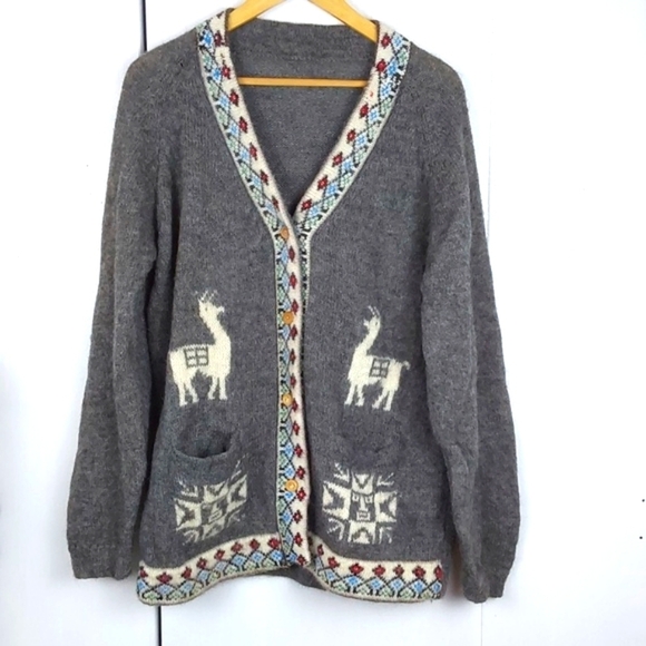 Vintage Gray Embroidered Alpaca/Wool Sweater Cardigan Cottagecore Sz.Large - Picture 1 of 9